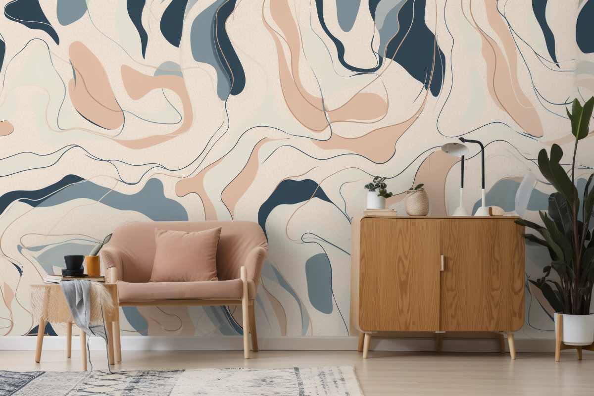 Abstract Wallpaper on a Wall Behind Boho Furniture