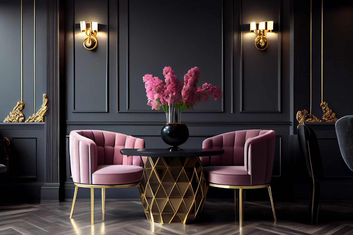 Black Accent Wall Behind Velvet Pink Chairs with Gold Accents