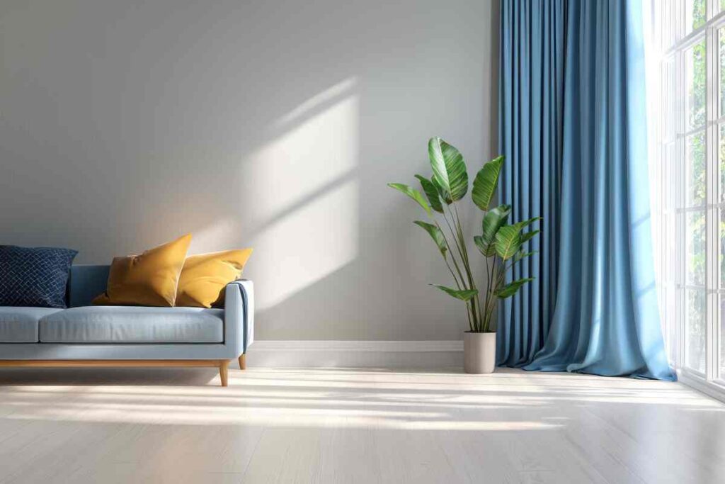 Stylish living room with blue curtains, light grey walls, and modern decor near New York City