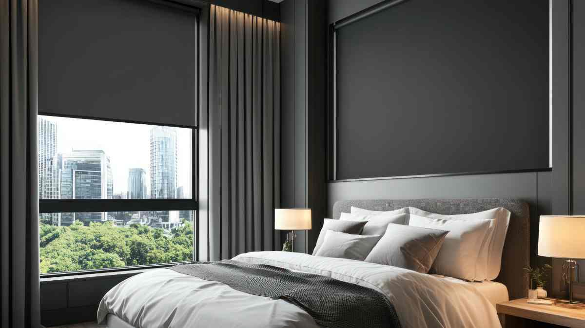 A modern bedroom featuring blackout roller blinds for a comfortable sleep. A modern bedroom featuring blackout roller blinds for a comfortable sleep near New York City