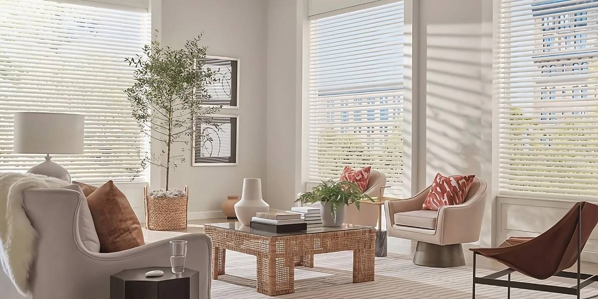 Aria™ Soft Blinds in a Living Room Open to a City View