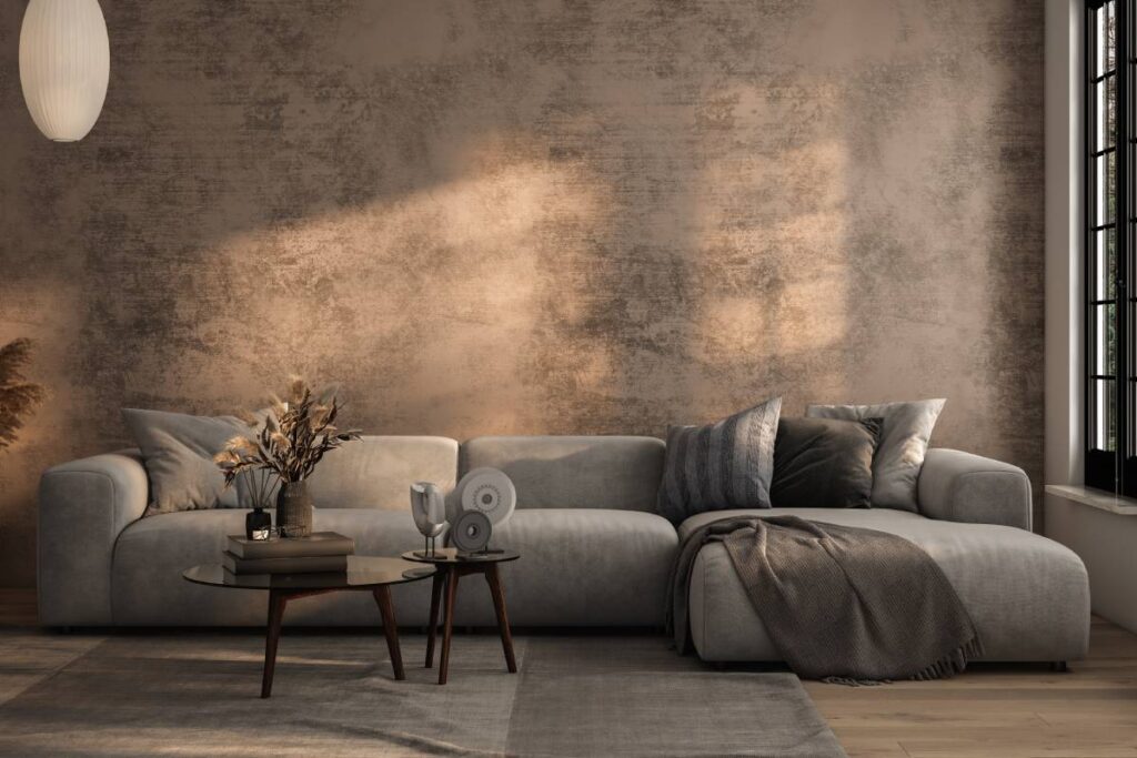 Luxury living room in warm colors with brown beige walls and light gray lounge sofa near NYC