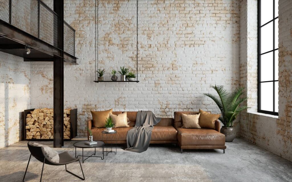 Industrial loft living room interior with sofa, chair, and brick wall near NYC