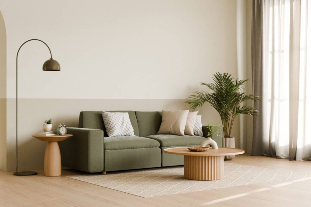 Modern living room with green sofa, round table, and long window sheers
