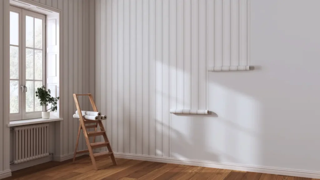 Empty room with white walls, parquet floor, and rolls of striped beige wallpaper on the wall